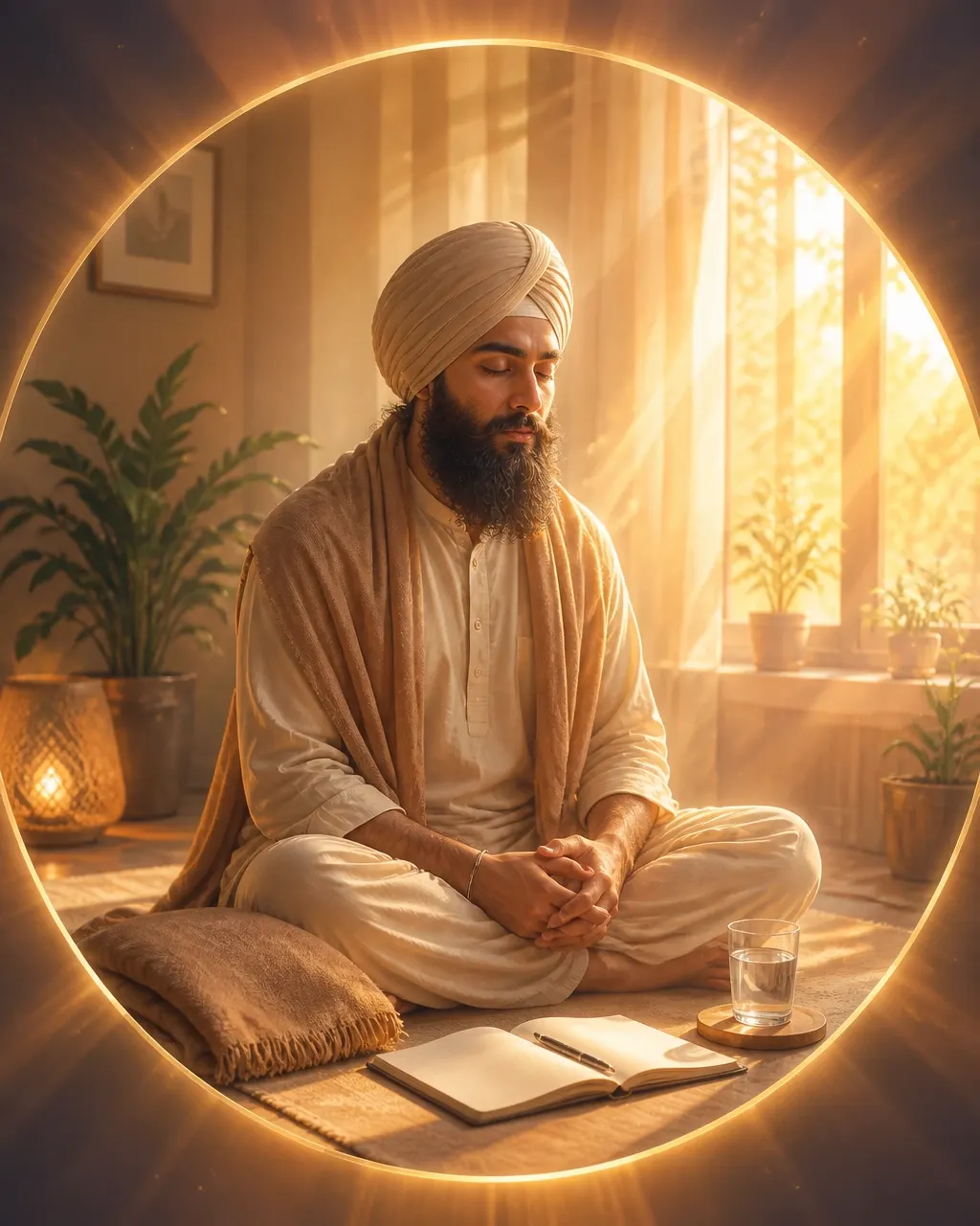 A grounded meditator in a quiet room with a journal, water, and gentle morning light