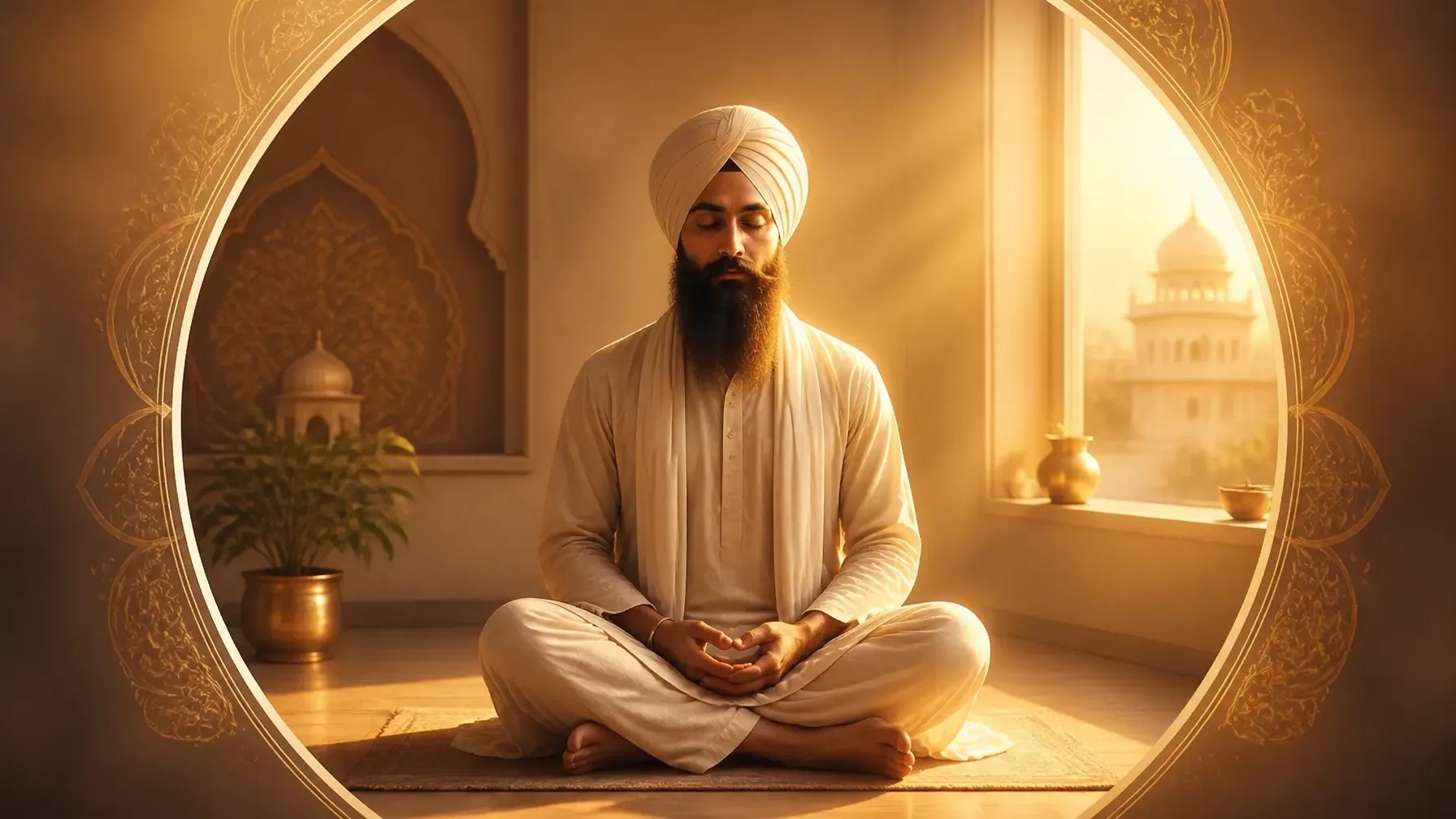 A serene person meditating in warm golden light, fully grounded in an ordinary peaceful setting