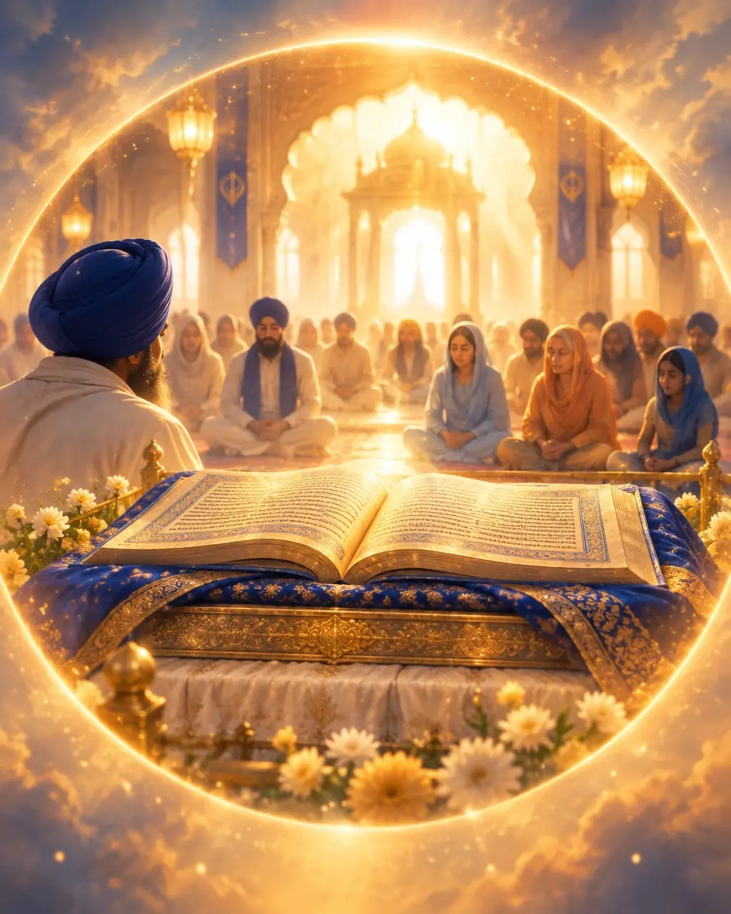 Sri Guru Granth Sahib Ji presented respectfully in a peaceful setting with sangat gathered for learning