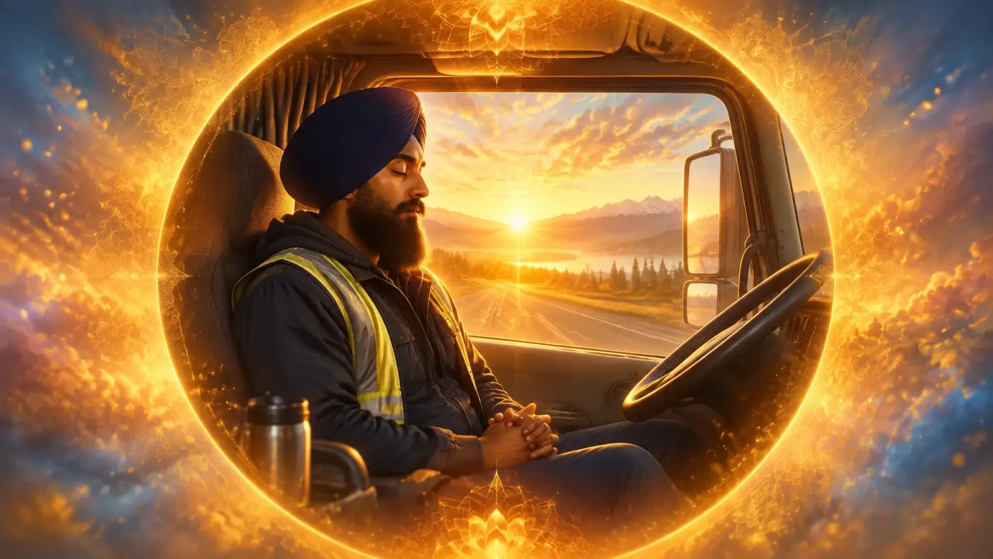 A Sikh truck driver quietly remembering Waheguru in a parked truck at dawn