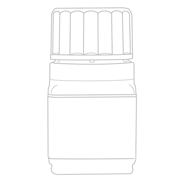 Outline illustration of an Omnaris nasal spray bottle with its protective cap and applicator