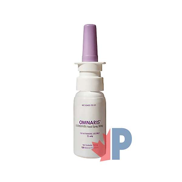 Omnaris ciclesonide 50 mcg nasal spray bottle with its purple applicator cap